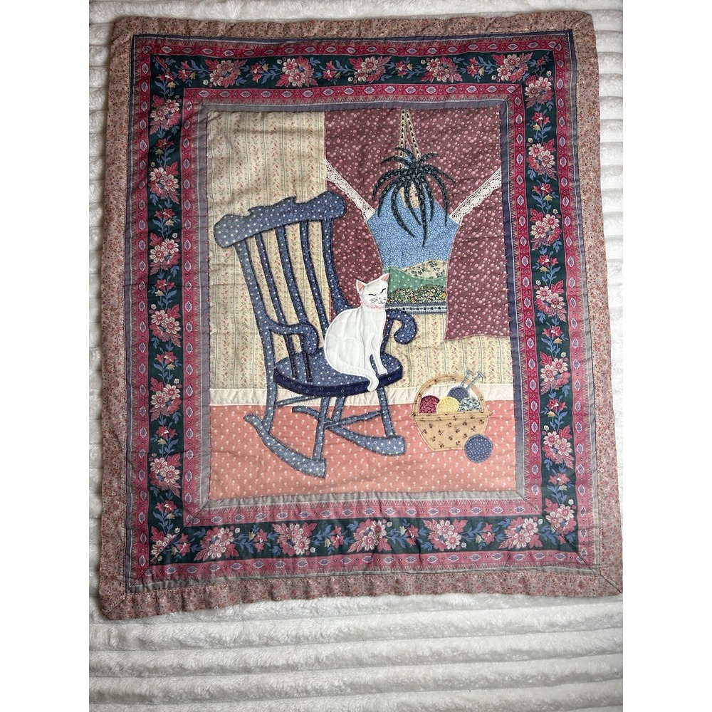Vintage Handmade Grandmacore Farmhouse Cottagecore Country Cats Quilt Wall Art